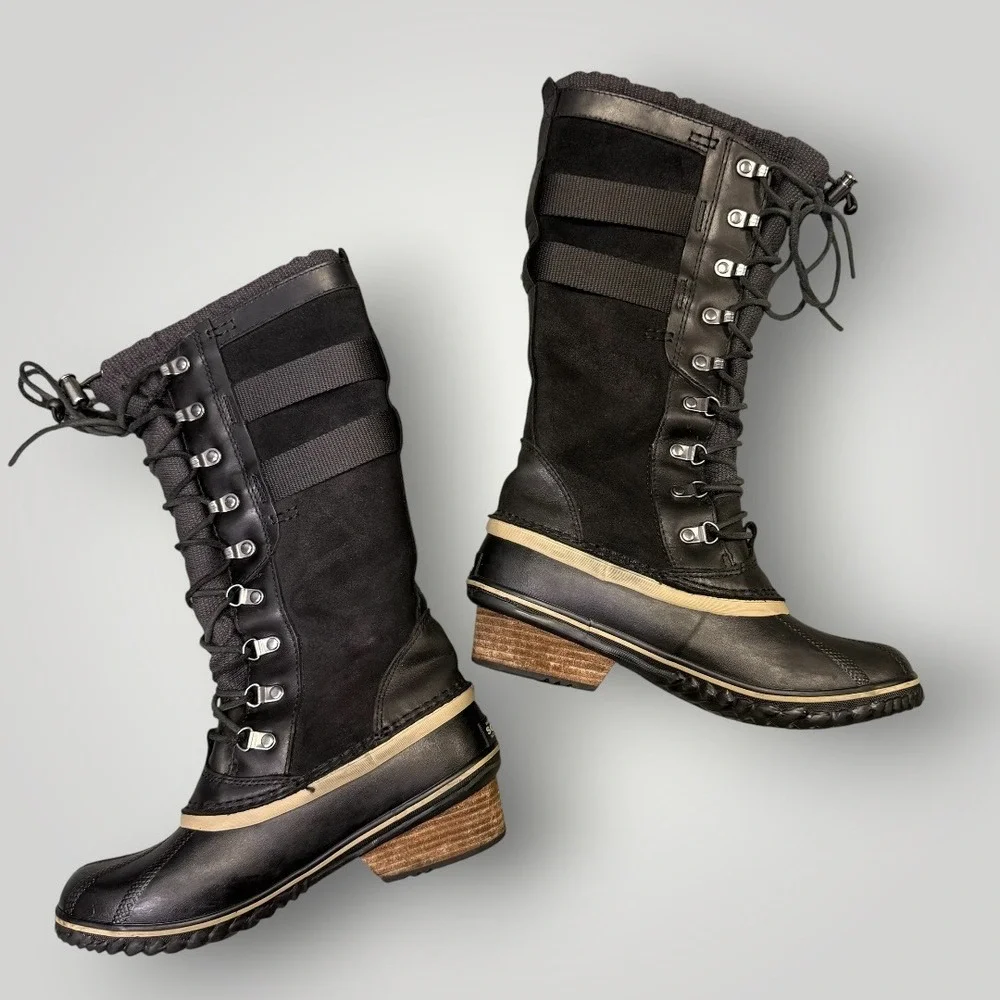 Sorel Conquest Carly II Black Waterproof Leather Suede Tall Duck Boots